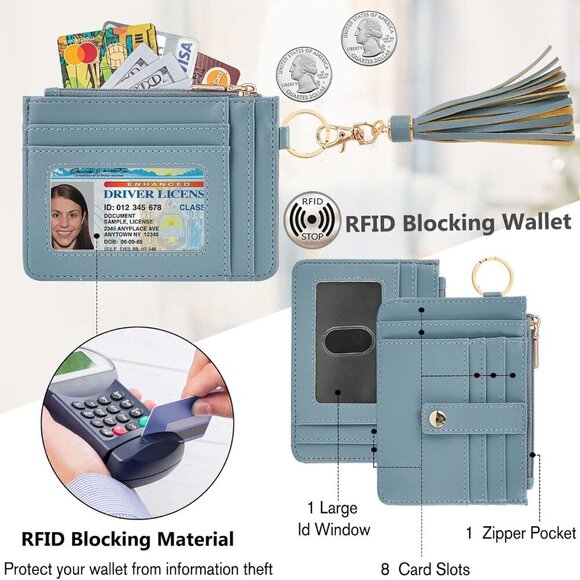 Wallet Keychain Wristlet for Women,Slim RFID Credit Card Holder Purse Tassel Key - Picture 3 of 6